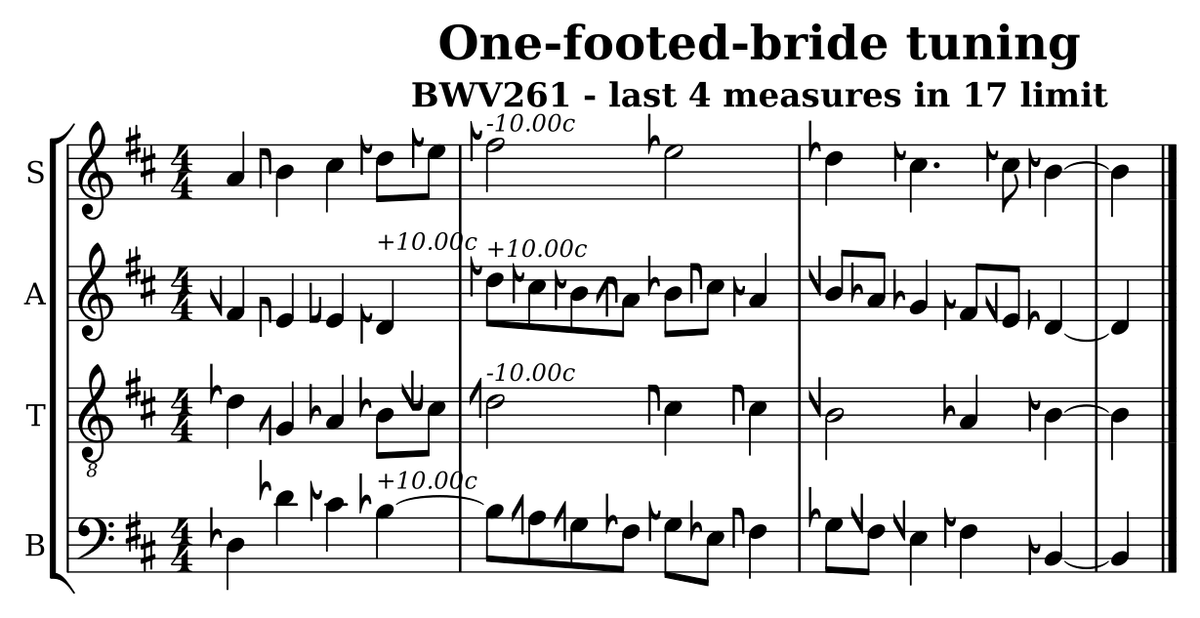 Last four measures of BWV 261 in One Footed Bride Tuning, four staves marked S, A, T and B.