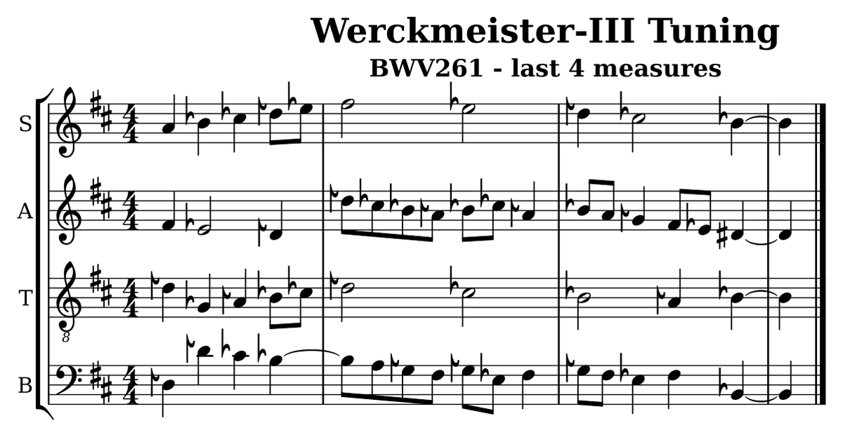 Last four measures of BWV 261 in Werckmeister III, four staves marked S, A, T and B.